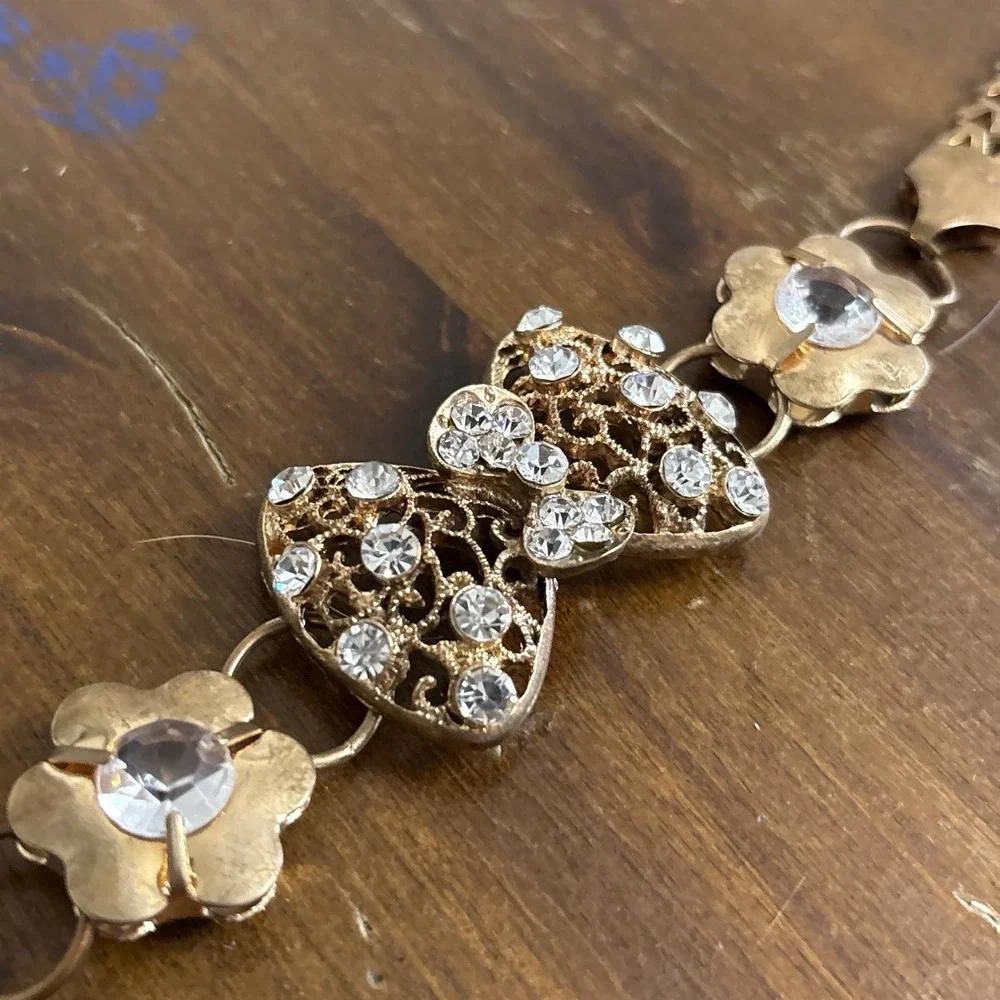 Gold Rhinestone Bow Chain Belt Y2K Coquette Fairycore Girly Glam Adjustable